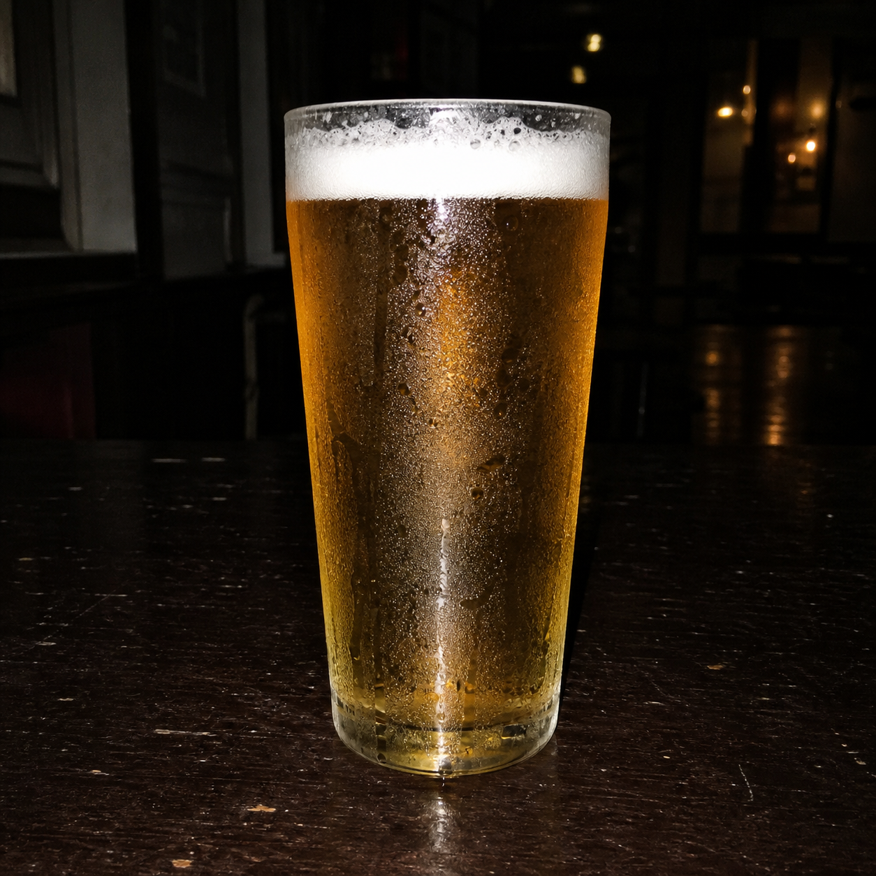 A cold pint of beer on a dark table